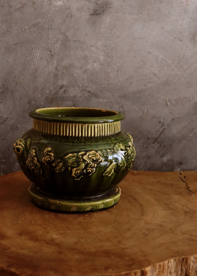 呂宋釉瓶掛け 火鉢 瀬戸織部 手あぶり 鉢カバー 江戸期 骨董 風炉 涼