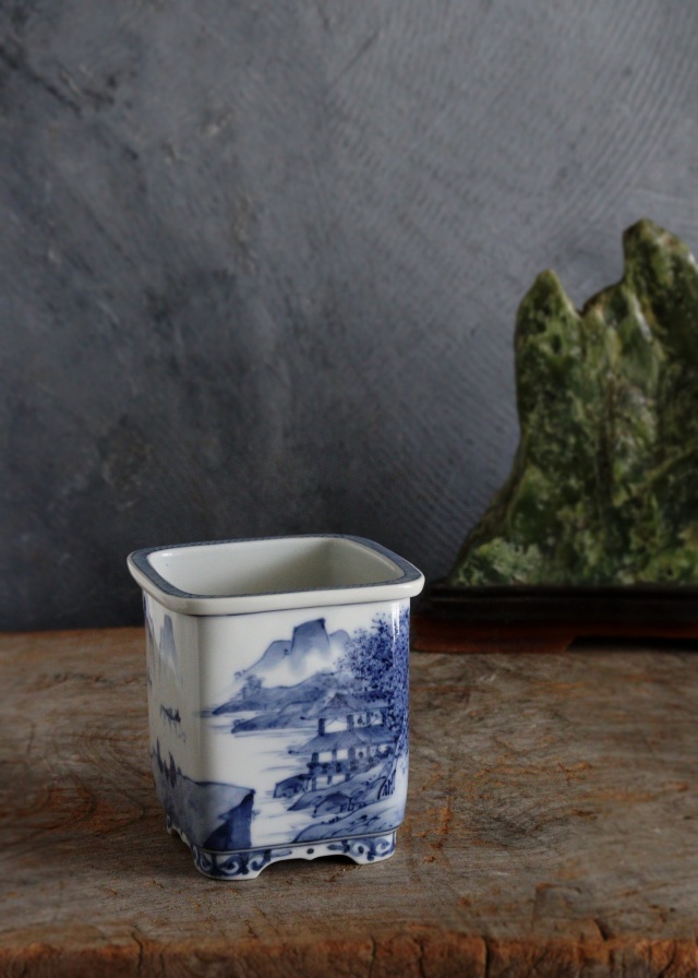 九谷名工 山本長左作 藍九谷 染付 植木鉢 盆栽鉢 筆筒 Sam's Collection