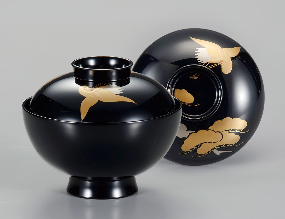 吸物椀お椀-【手描き蒔絵・磨き蒔絵】越前塗 松に鶴 黒 吸物椀［5客
