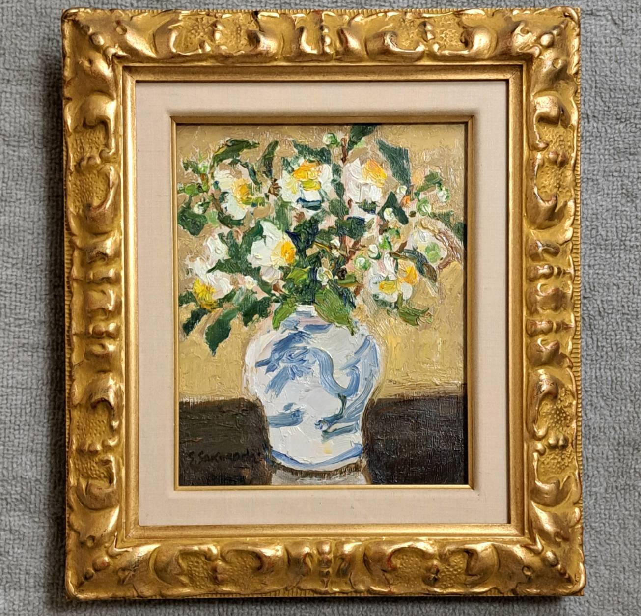 桜田精一 キャンバス 油彩 F3号「李朝壷に茶の花」タトウ箱 | 新栄堂