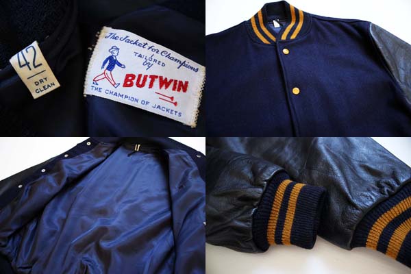 60s BUTWINバトウィン メルトン ウール 袖革スタジャン 紺×黒 42
