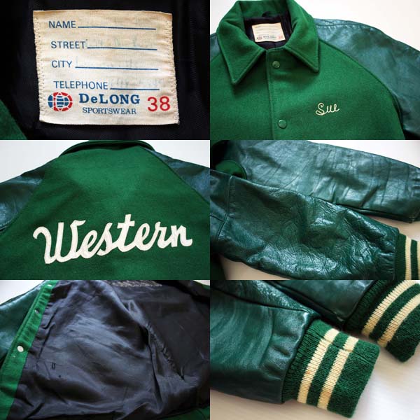 70s DeLONGデロング メルトン ウール ロング 袖革スタジャン 緑 38