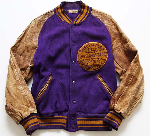 40s SAND KNIT パッチ付き メルトン ウール 袖革スタジャン 紫 42