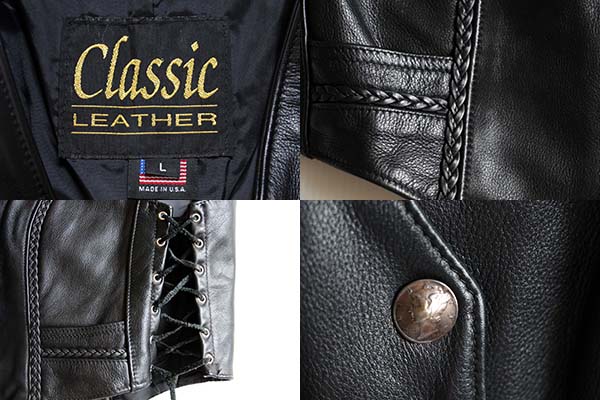 USA製 Classic LEATHER サイドレースアップ レザーベスト 黒 L