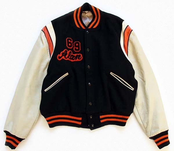 60s BUTWINバトウィン パッチ付き メルトン ウール 袖革スタジャン 黒