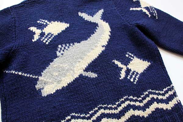 60s UNKNOWN 魚柄 ウール カウチンセーター 青紺 - Sixpacjoe Web Shop