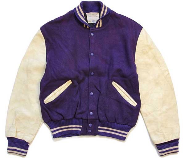 60s DeLONGデロング メルトン ウール 袖革スタジャン 紫×アイボリー 44