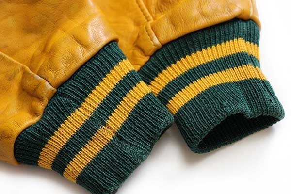 70s DeLONGデロング メルトン ウール 袖革スタジャン 緑×マスタード 44