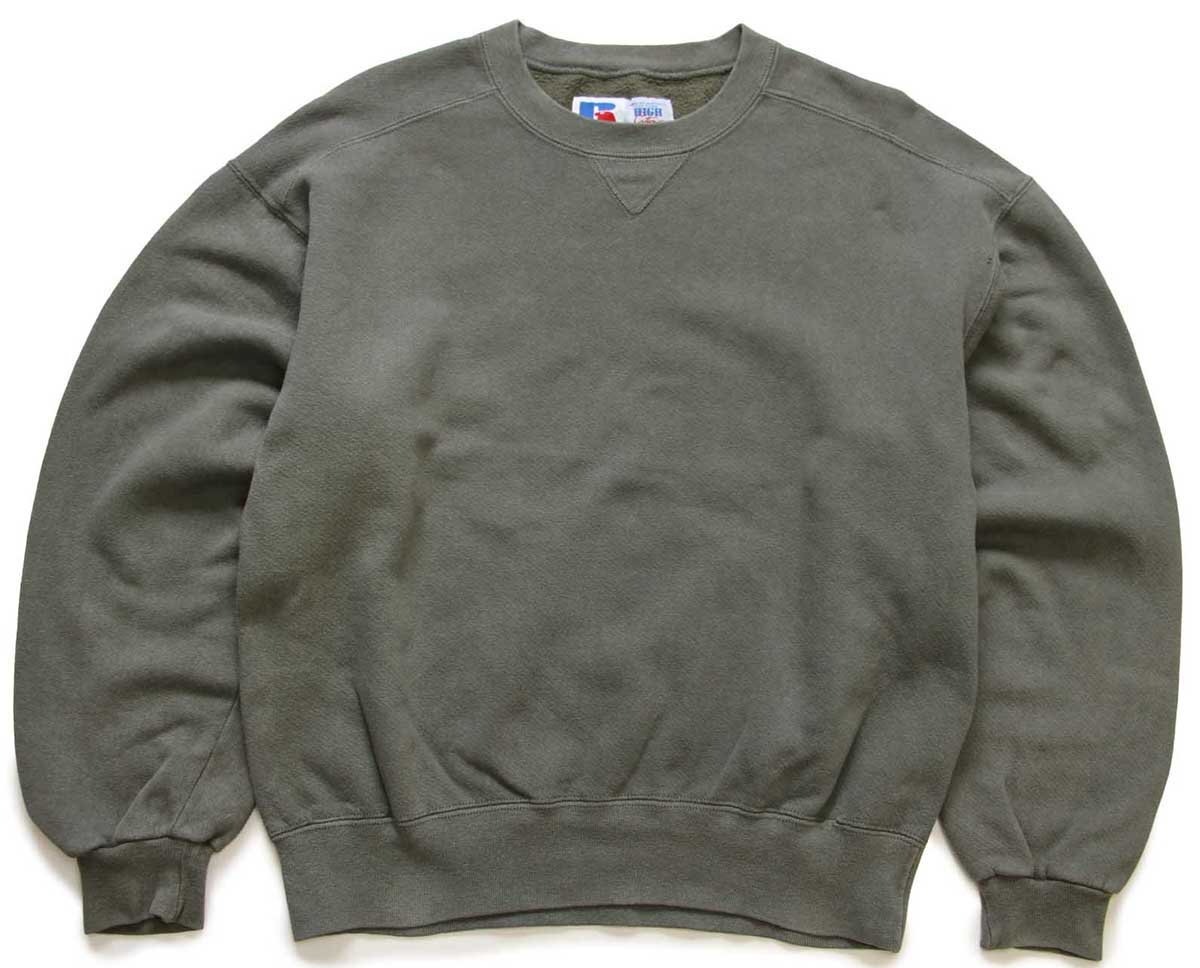 90s USA製 RUSSELLラッセル 無地 前V スウェット 薄緑 M☆ブランク
