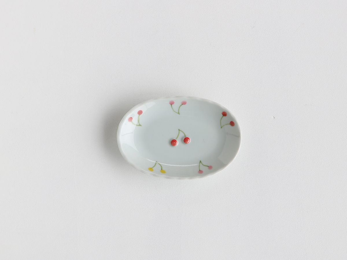 こども楕円皿 サクランボ柄 ミニ小皿 吉田焼,吉田,磁器,Made in JAPAN