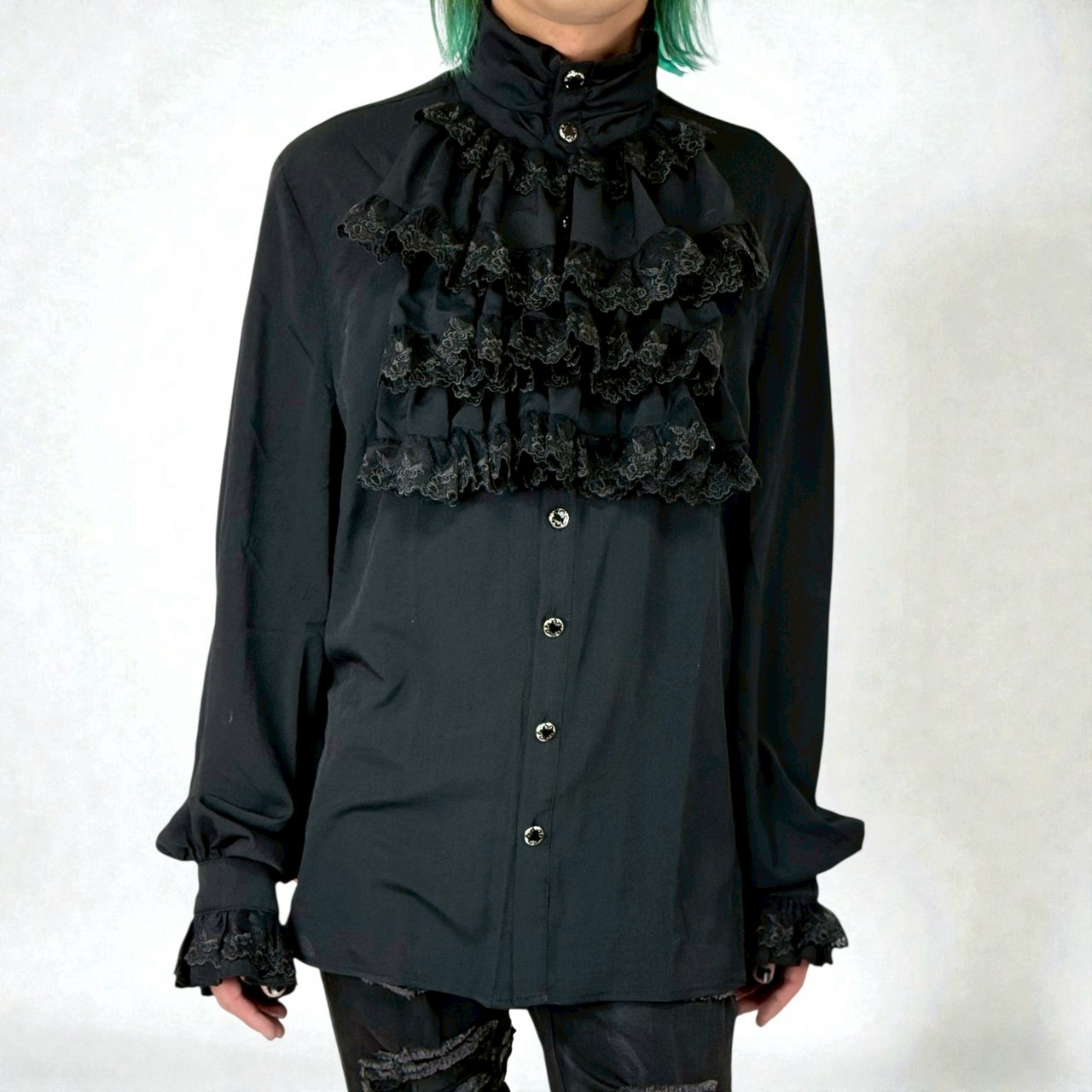 Gothic flounce cuff classic style black chiffon shirt / ブラウス