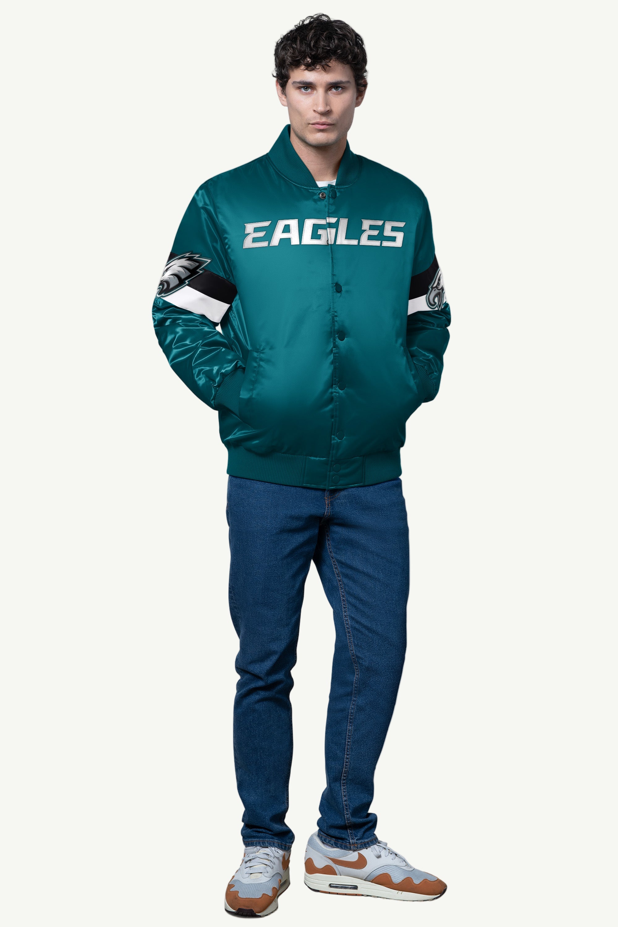 Mens Philadelphia Eagles Triple Option Satin Varsity Jacket | NFL