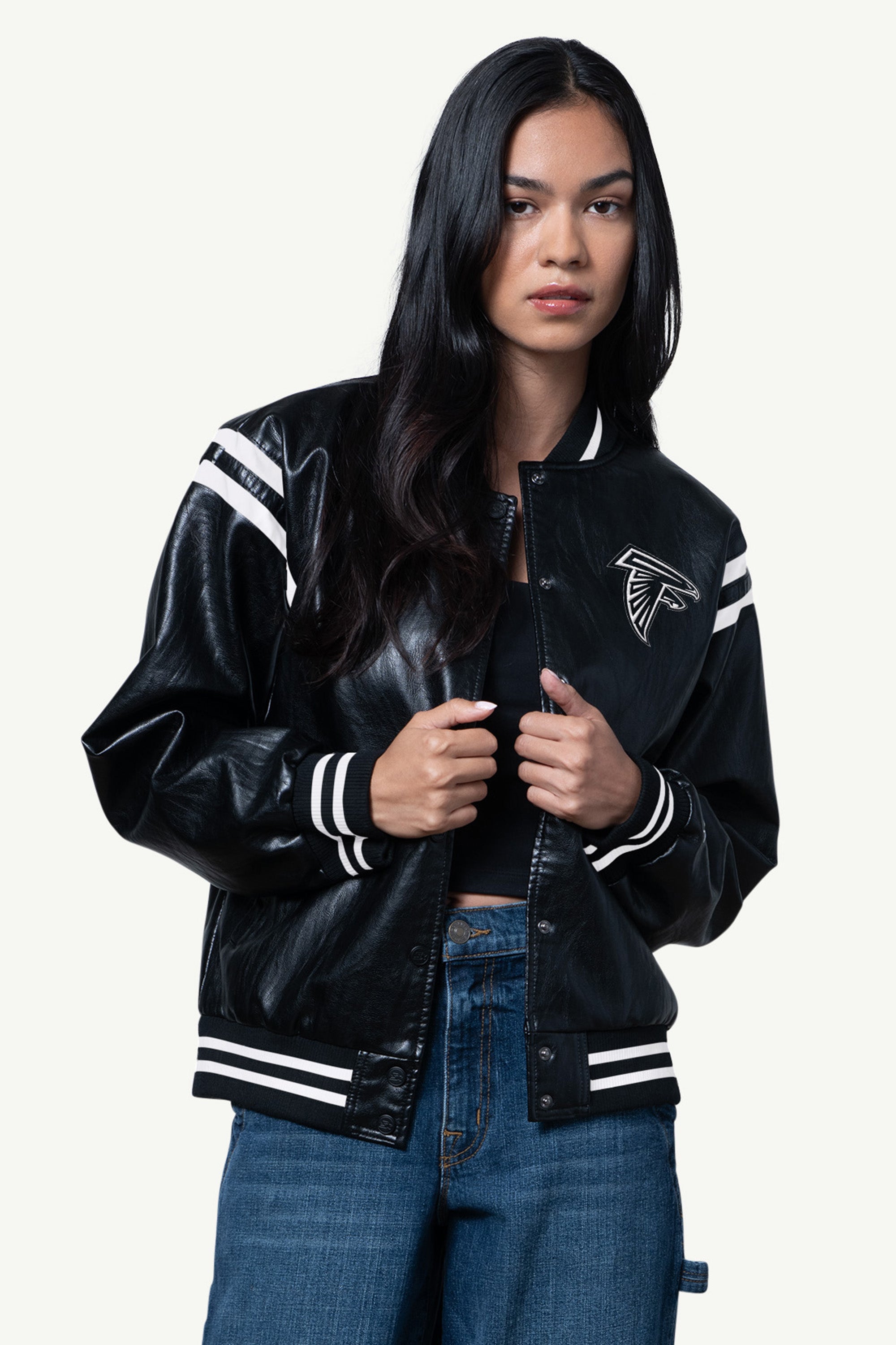 Womens Atlanta Falcons Faux Leather Varsity Jacket | NFL | Starter