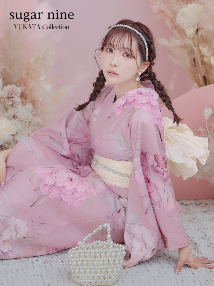 即日発送】【浴衣】大人スウィート/ピンク地に大柄牡丹浴衣 【浴衣3点