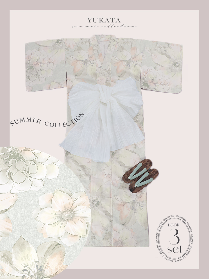 即日発送】アイシーミントフラワー浴衣【浴衣3点セット 浴衣/帯/下駄