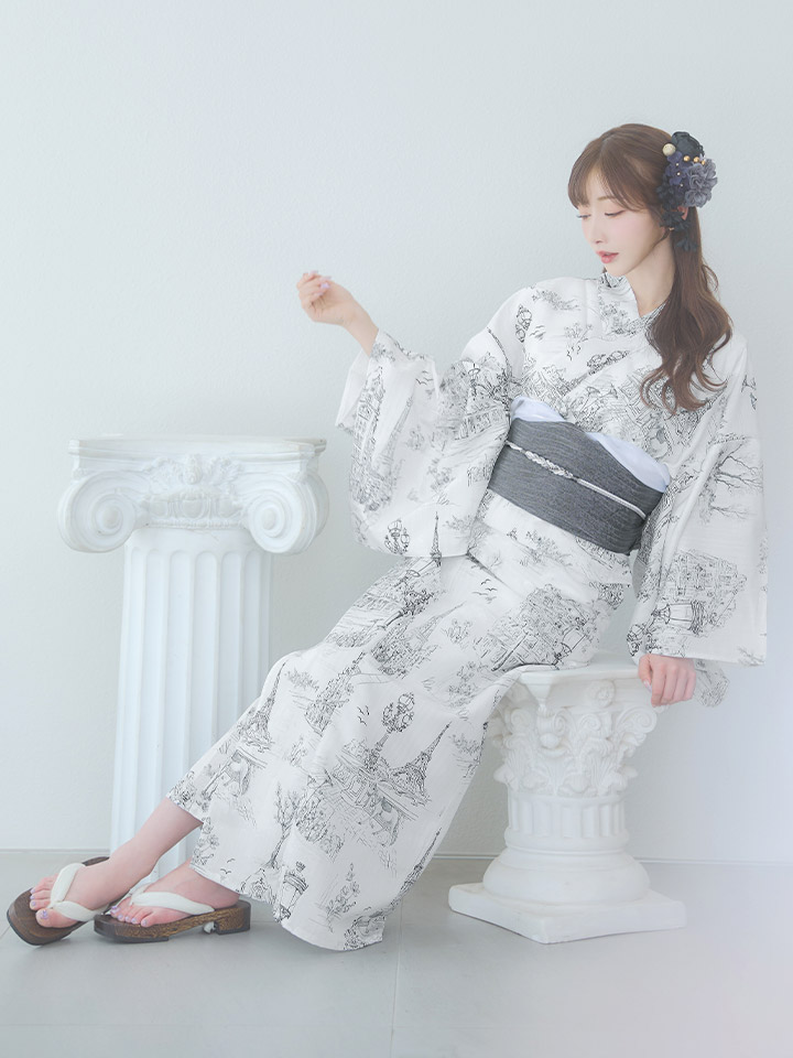 即日発送】【Riuコラボ】白地×パリの街浴衣【浴衣3点セット 浴衣/帯