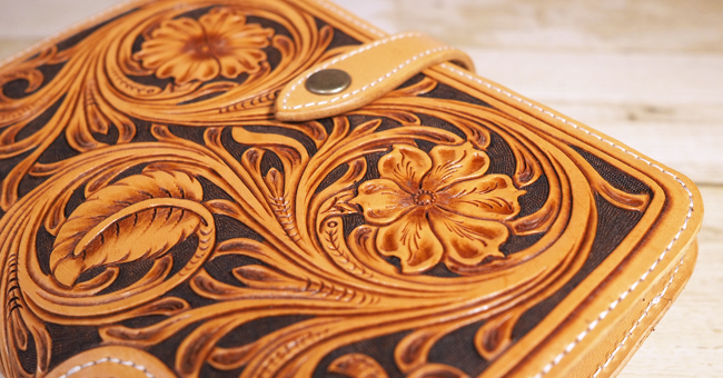 革のシステム手帳：バイブルサイズ：フラワーカービング：：手作り革製品