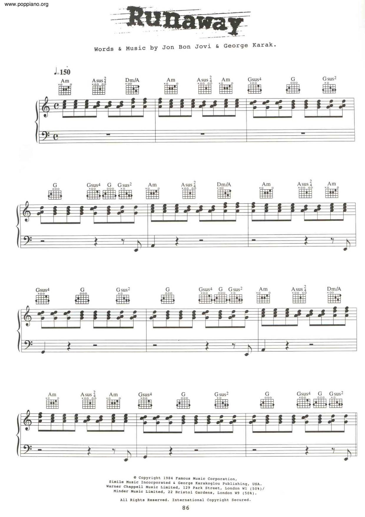 ☆ボン・ジョヴィ - ランナウェイ 악보 ピアノ譜pdf (ボン・ジョヴィ