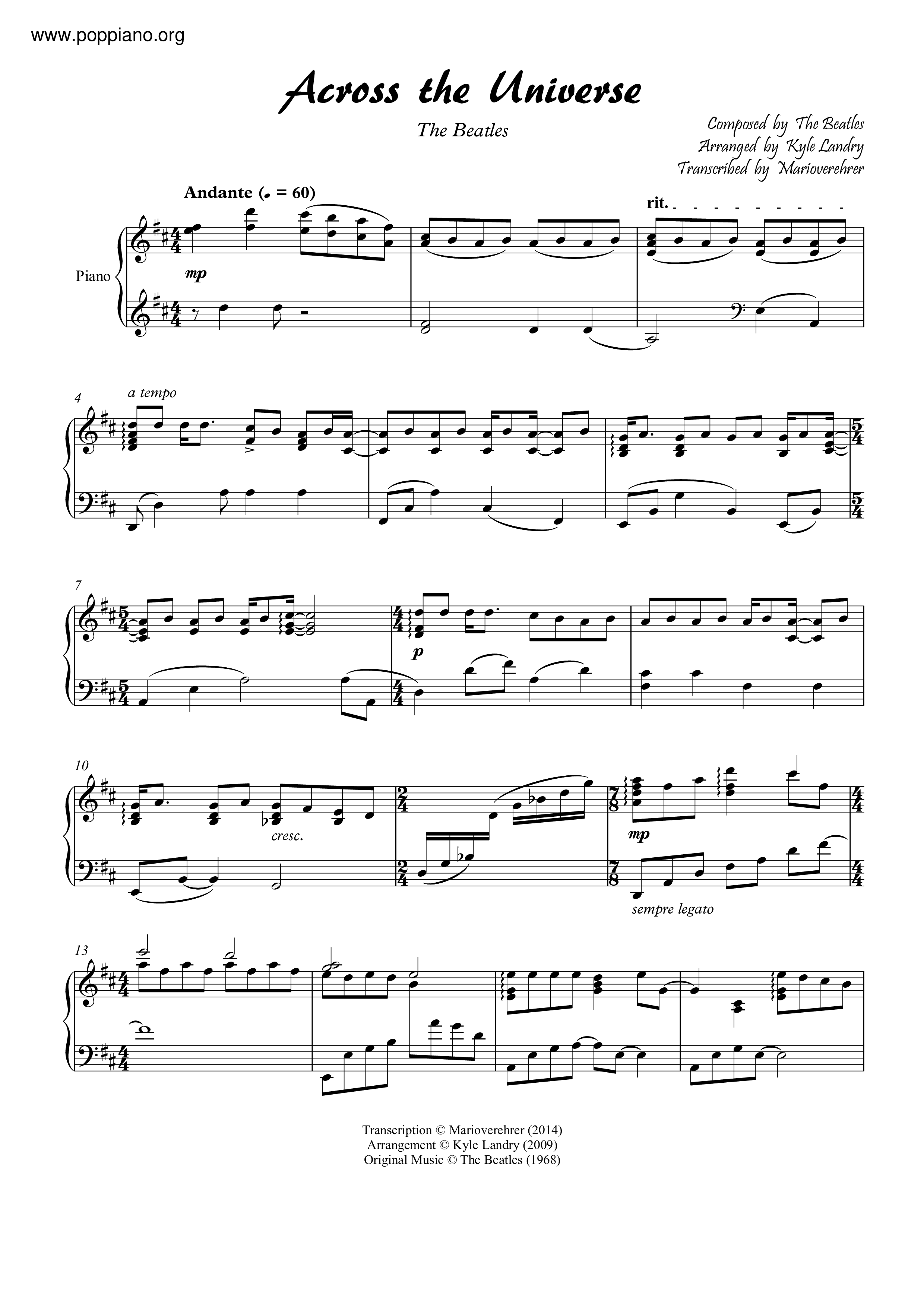 ☆ザ・ビートルズ - アクロス・ザ・ユニバース 악보 ピアノ譜pdf (ザ