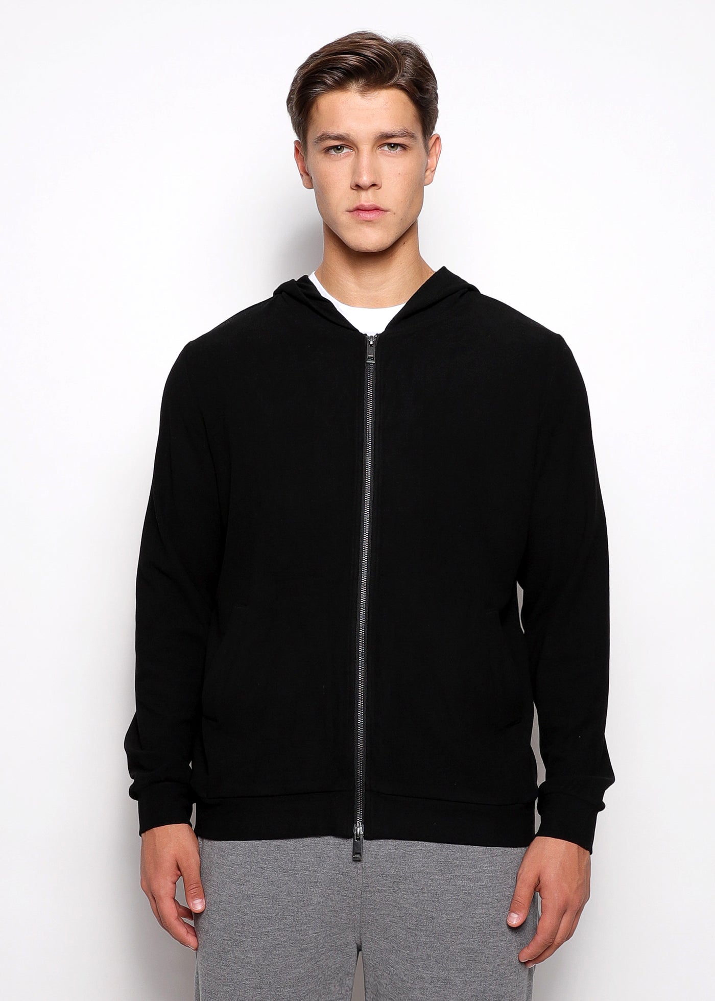 Black Stretch Knit Zip-Up Hoodie