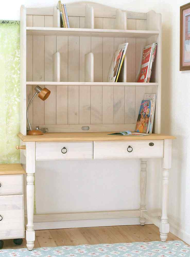 フレンチカントリーデスク｜上置き本棚付カントリー学習机 白｜リング取手