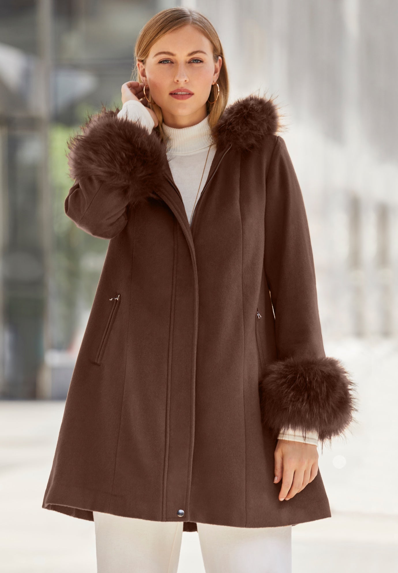 Fashionable Hooded Faux Fur Trim Coat, Rich Brown | Roaman's