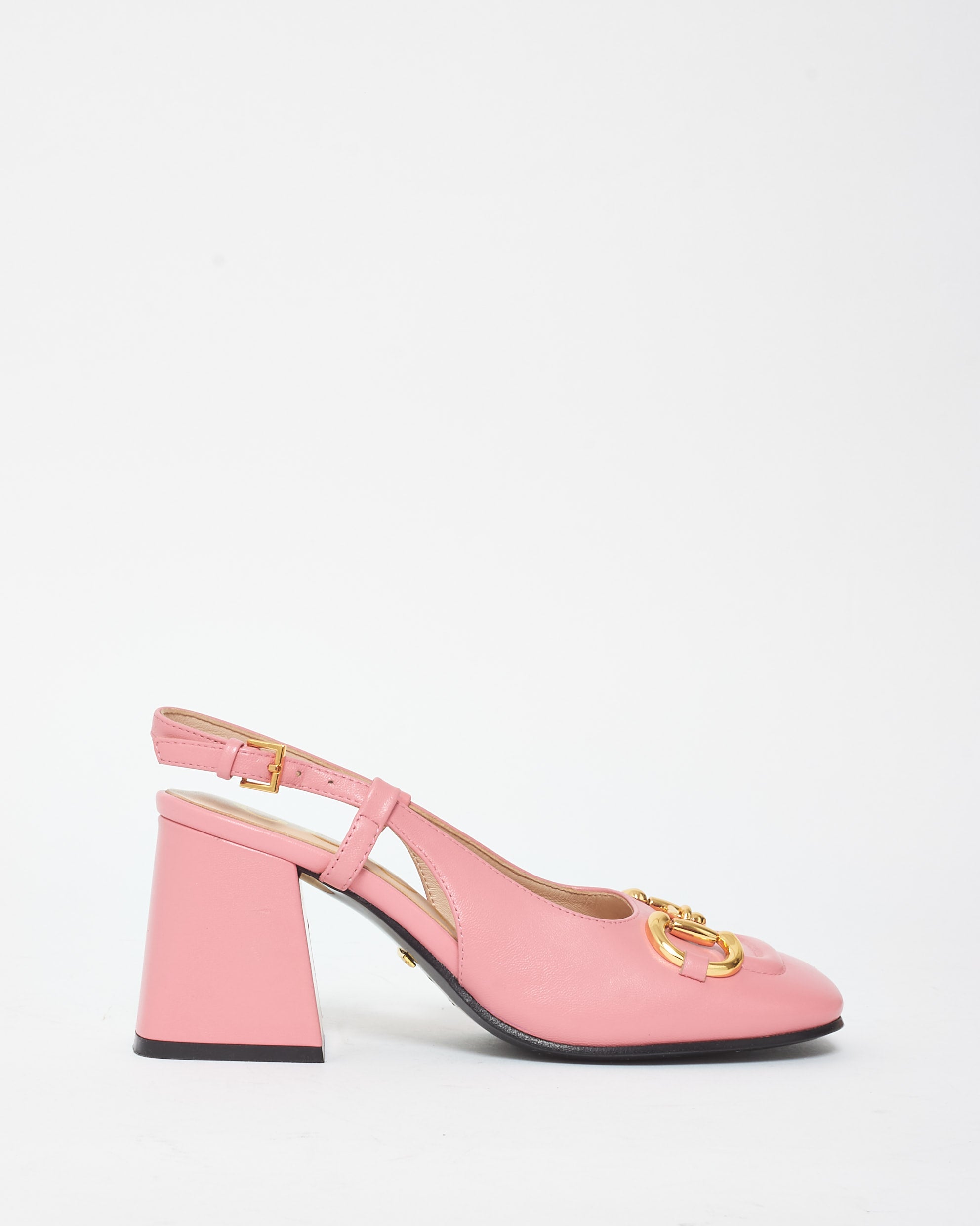 Buy Gucci Pink Leather Horsebit Slingback Block Heels - 38