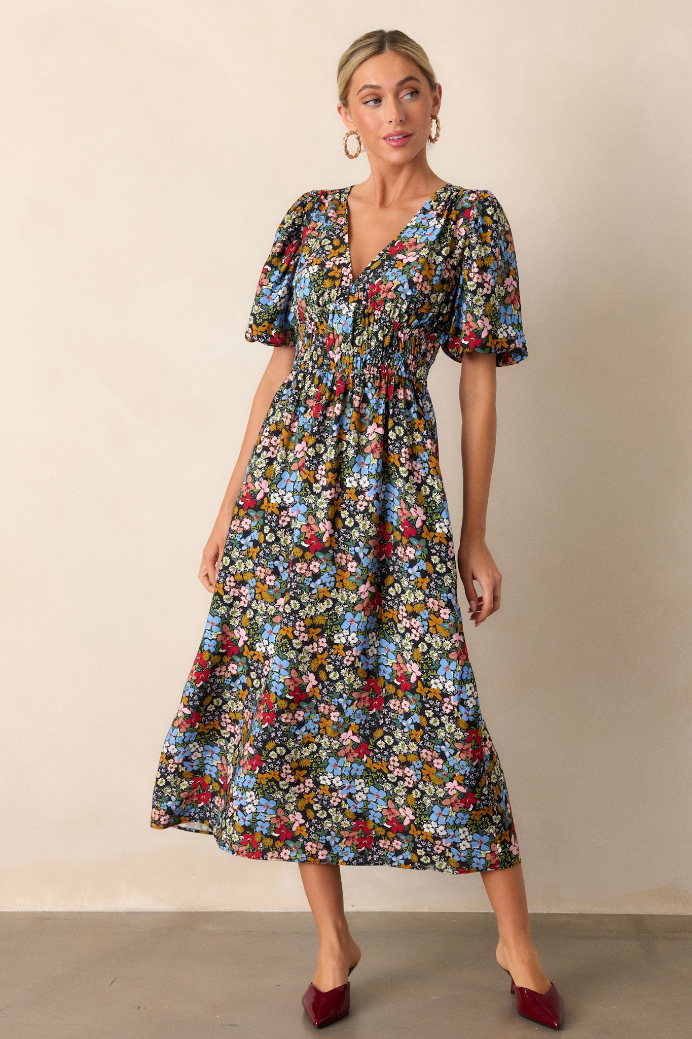 MINKPINK Josie Puff Sleeve Midi Dress In Fall Ditsy Floral | Red Dress