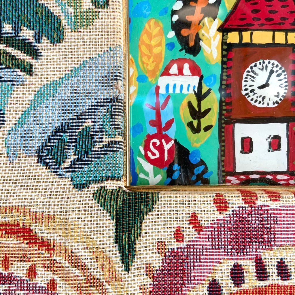 柚木沙弥郎 ガラス絵 「時計の台の森」アート 絵画 一点もの 作家 中古