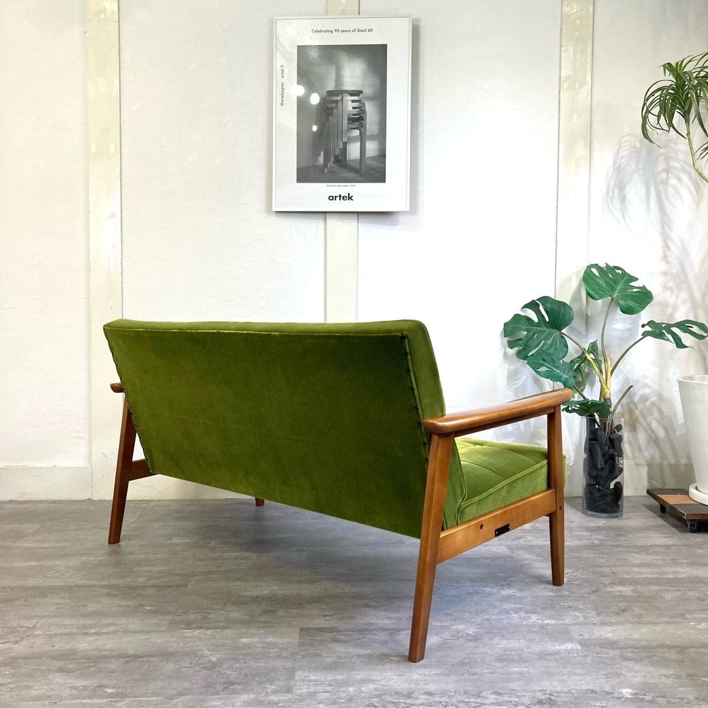 カリモク60 Kチェア 2シーターソファ モケットグリーン 中古 緑 レトロ