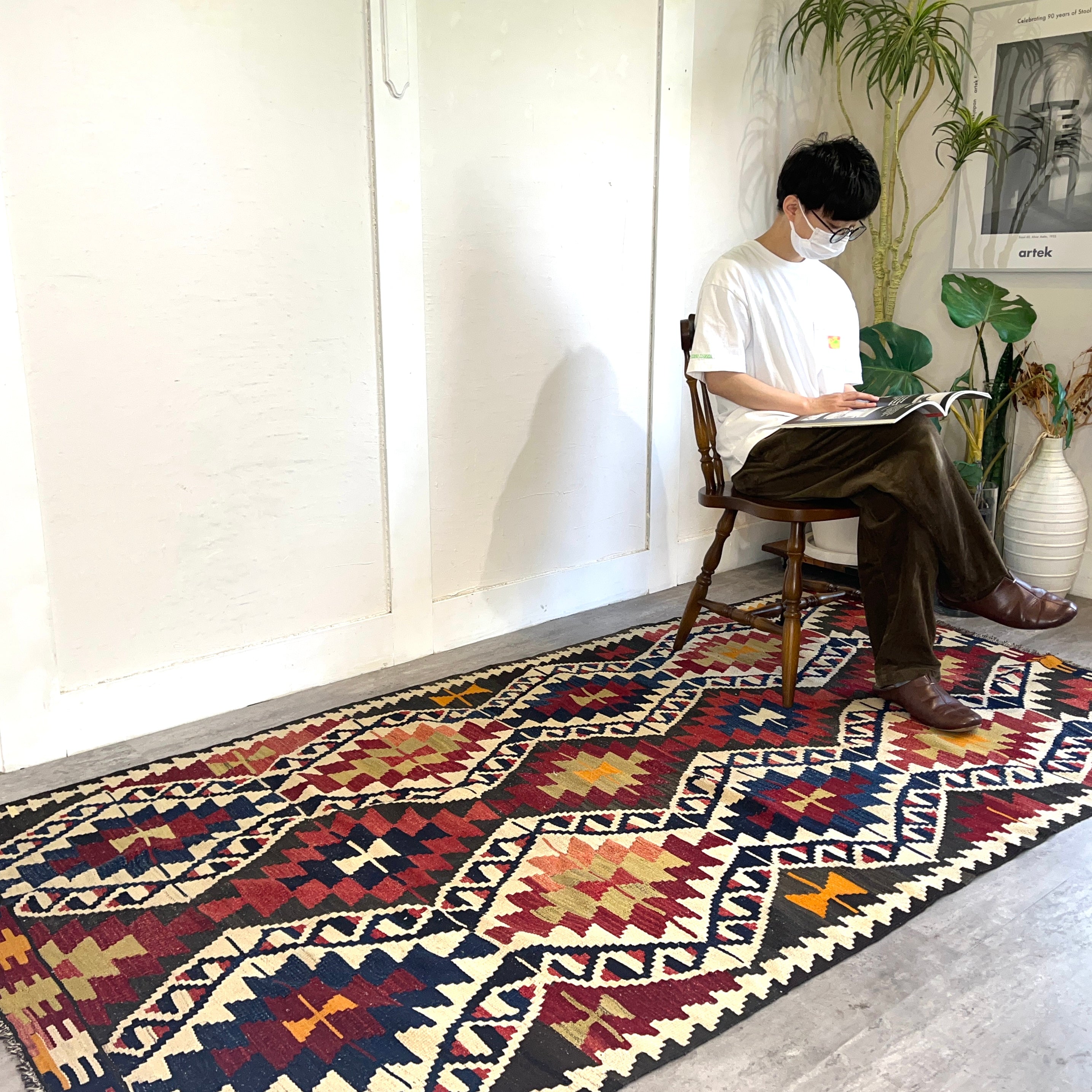 オールドキリム キリムラグ トルコ絨毯 手織り ヴィンテージ ひし形