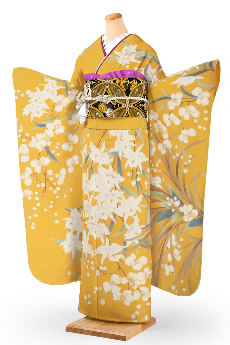 振袖レンタル 振袖Sサイズ 京友禅：染の北川 カトレアと蘭 黄｜着物