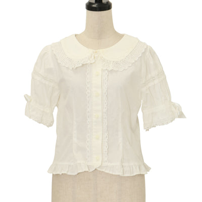 USED】【9号】Cross Rose Gardenシャーリングスリーブブラウス(白×白