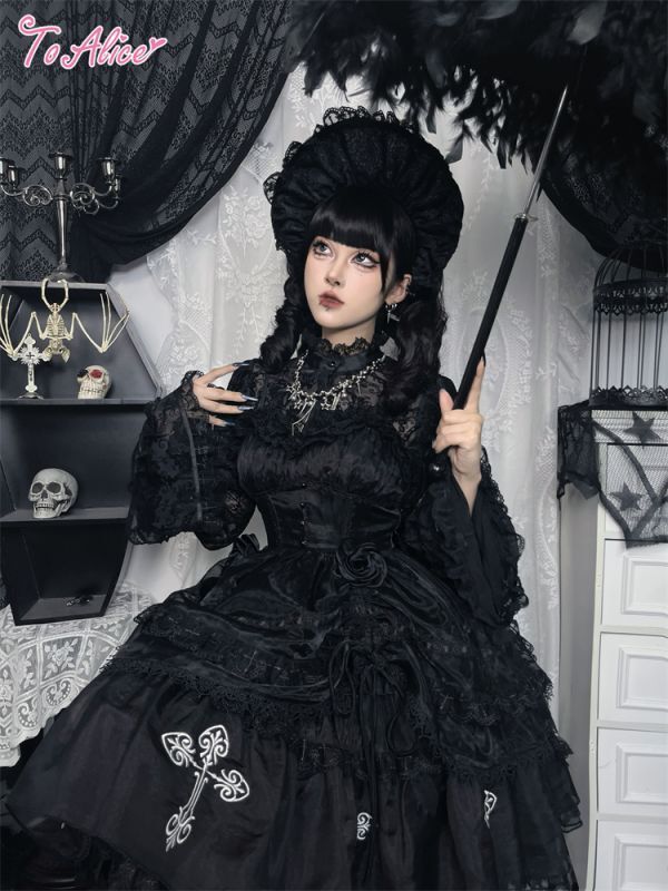 BlackShamrock】F1ブラックコルセットクロス刺繍ドレス - To Alice