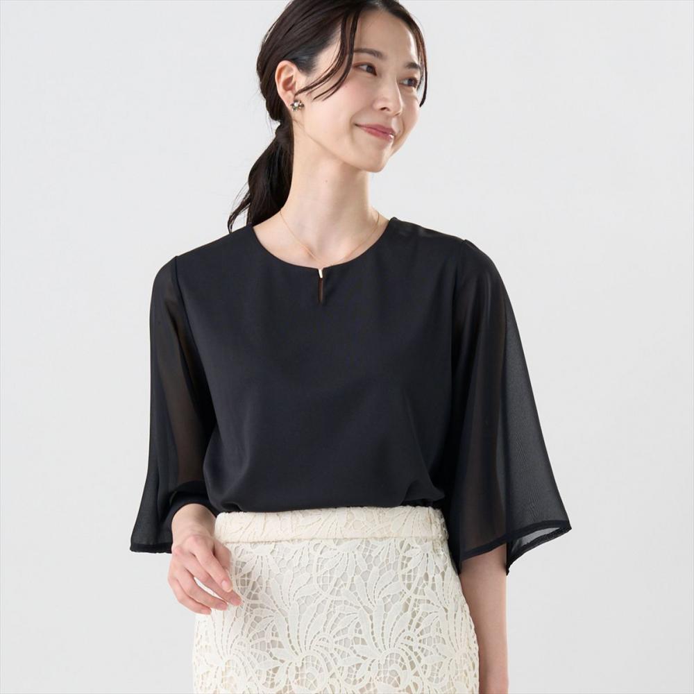 フレア袖 シアーブラウス 七分袖 レディース(M ブラック): 東京シャツ