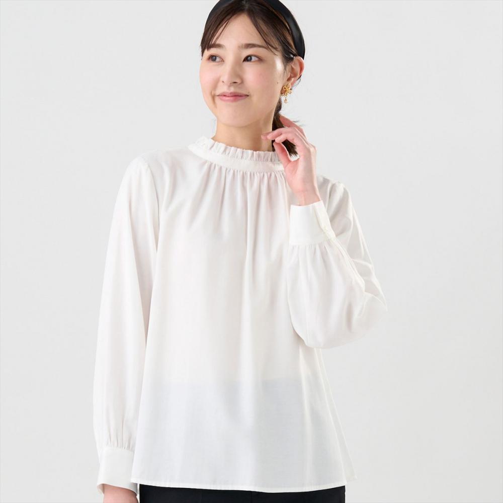 デニム風 衿フリル ブラウス 長袖 レディース(M ホワイト): 東京シャツ