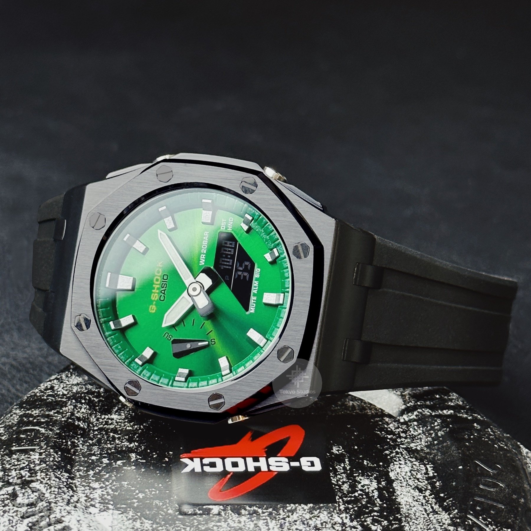 G-SHOCK Mod with Black Steel Case, Green Sunburst Face, Black