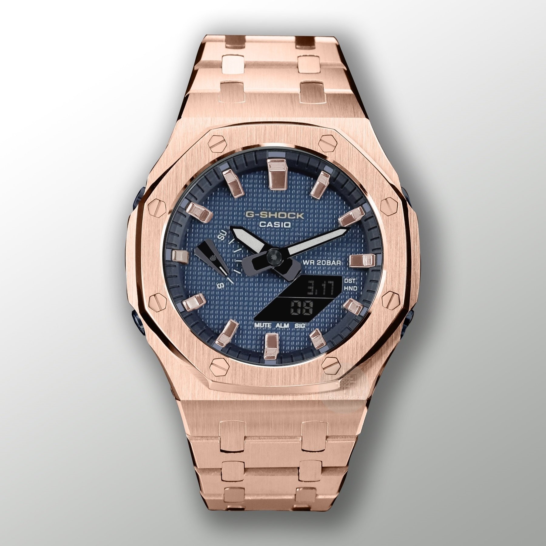 G-SHOCK Mod with Rose Gold Stainless Steel Bracelet, Blue Face