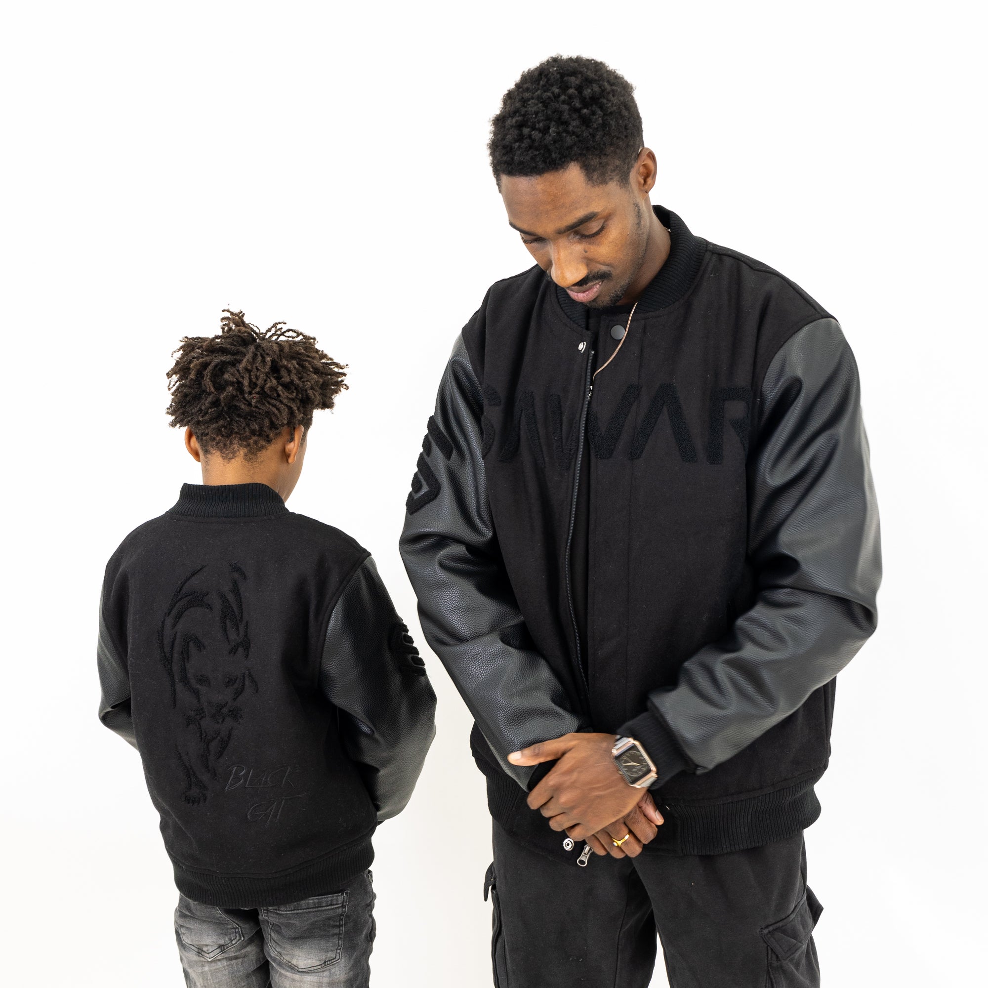 Savar Men's Black Cat Wool Varsity Jacket