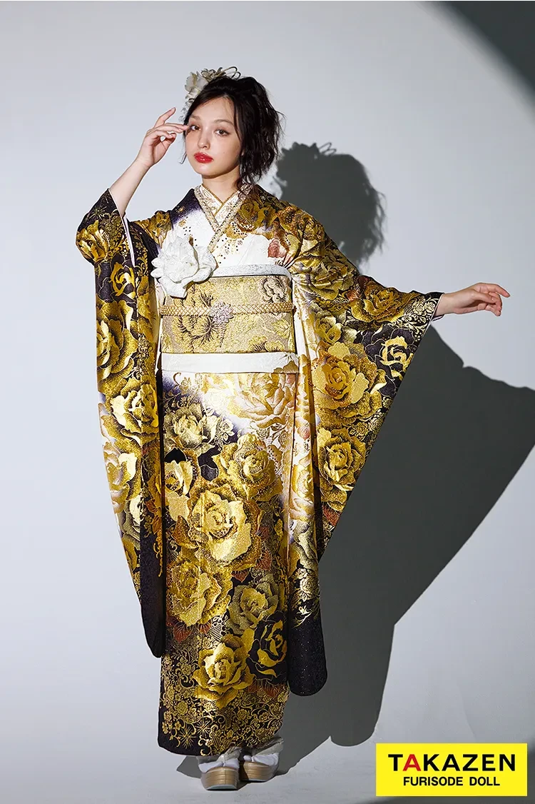 モード 黒 牡丹柄 ゆうちゃみ振袖 個性派 ヴィンテージモード