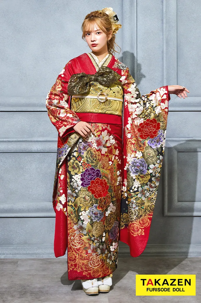 激安モード系 赤 牡丹柄 桂由美デザイン振袖 かっこいい セクシー 派手