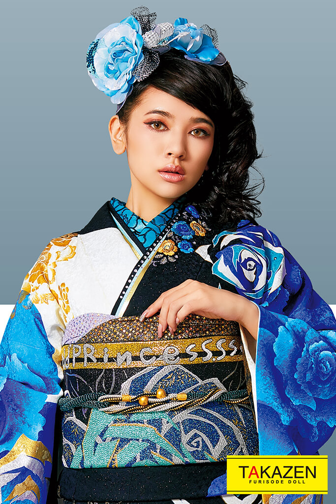 激安モード ブルー(青)/黒/金 薔薇柄 派手 豪華 クール系振袖 目立つ