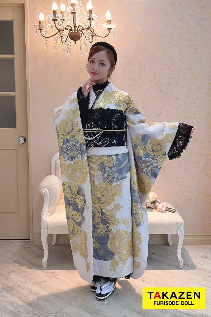 ヘップバーン 白/金/グレー バラ柄 レース素材 高級 二重紗振袖 洋風