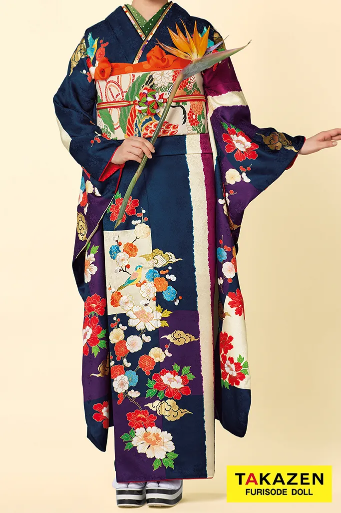 大人っぽい 紺/紫/白 鶯柄/ボタン柄 シンプル 上品古典振袖 珍しい 柄