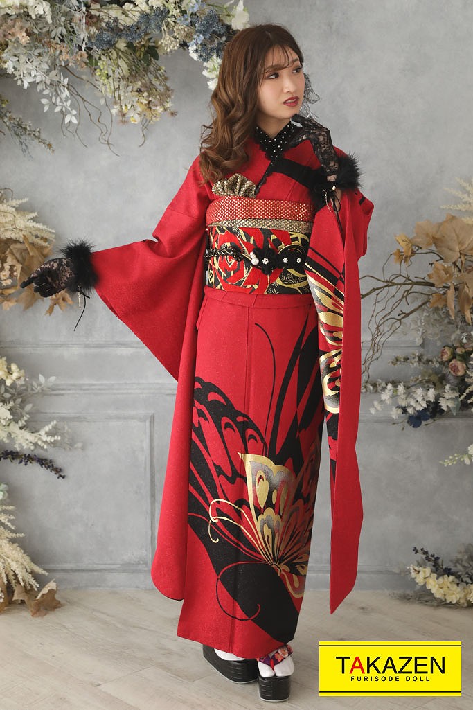 激安モード 赤/黒 蝶々柄 ワンポイント/大柄 シンプル振袖 かっこいい