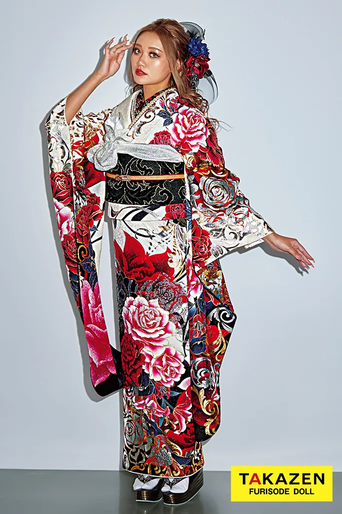 モード系 赤/白/ピンク バラ柄 派手 華やか ゴージャス ギャル振袖
