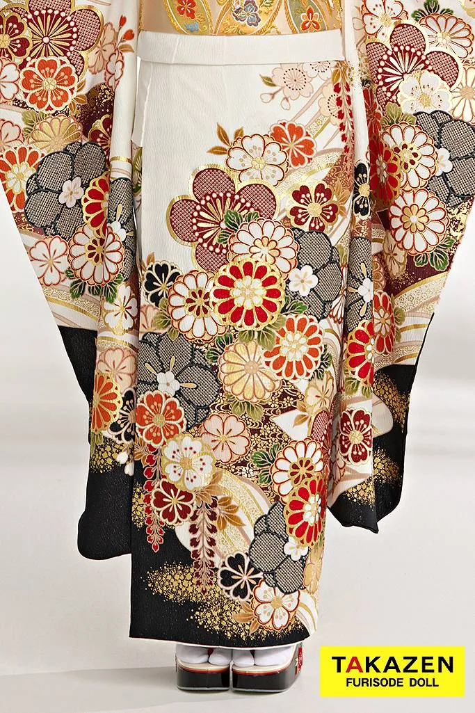 正統派古典 白/黒/赤 菊柄 かわいい 清楚 伝統的 金彩刺繍京友禅 お