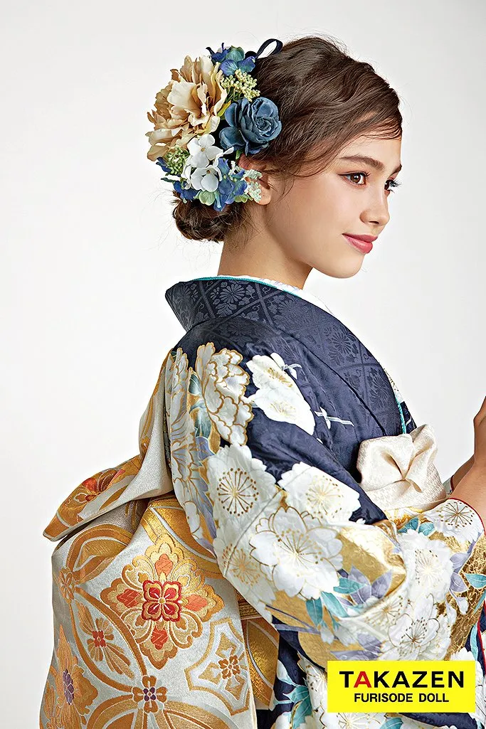 正統派古典 紺色(ネイビー)/金 牡丹柄 豪華 きれいめ 華やか 清楚 大人