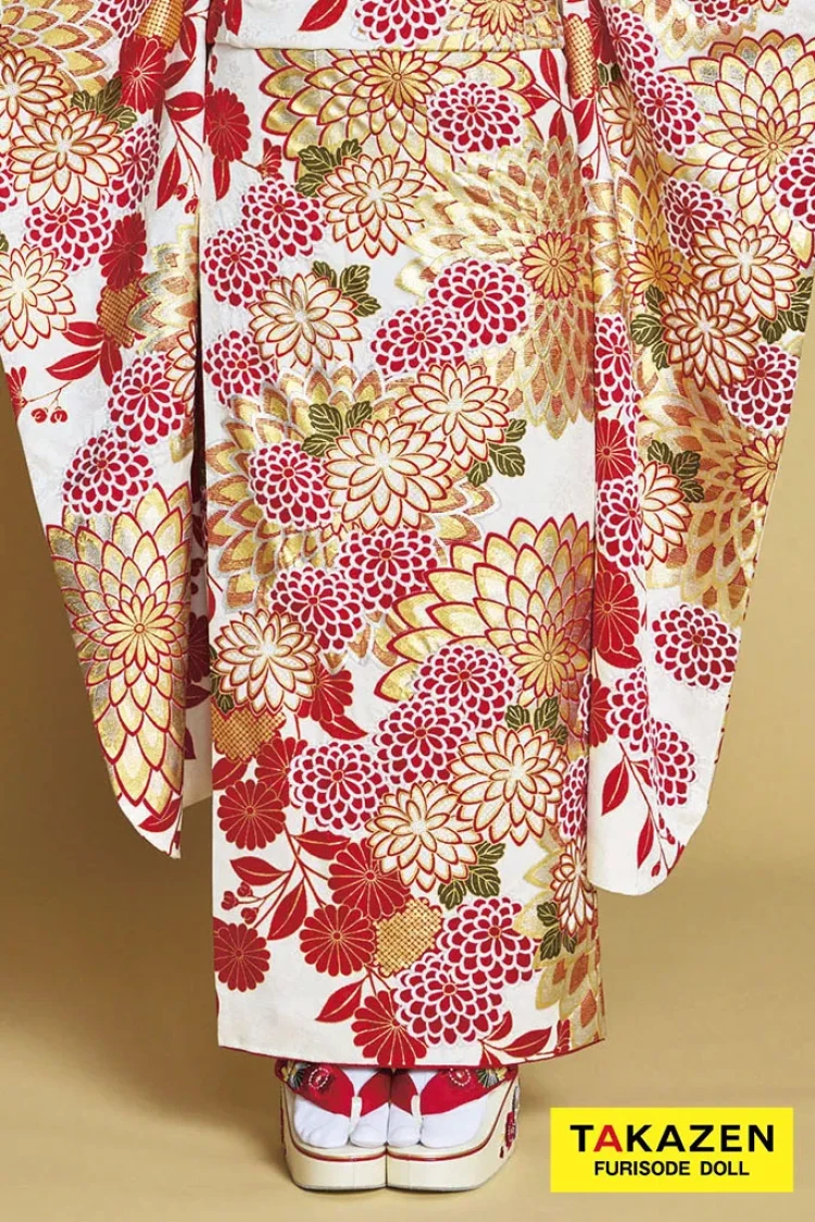 最高級古典柄振袖 滝泰/最高級金彩刺繍絞り友禅 白/金/赤 菊柄 上品な