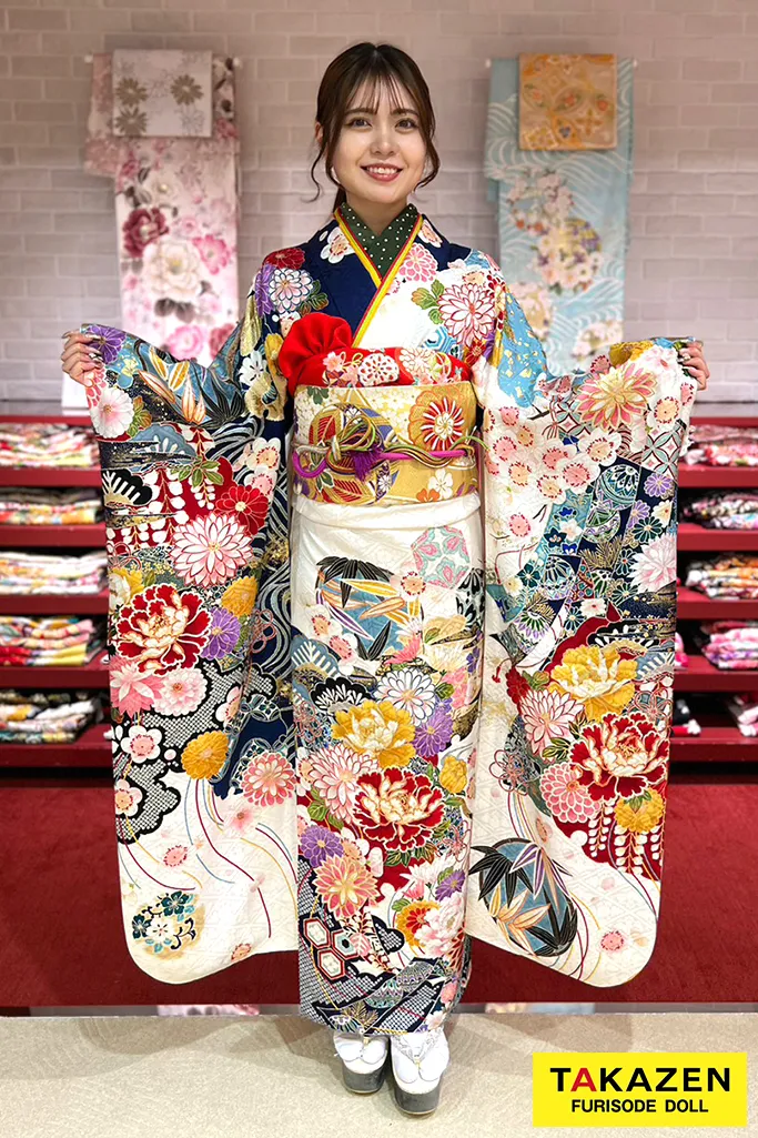 正統派古典 白/ブルー/青 紅型/牡丹柄 大人っぽい 綺麗 華やか 高級